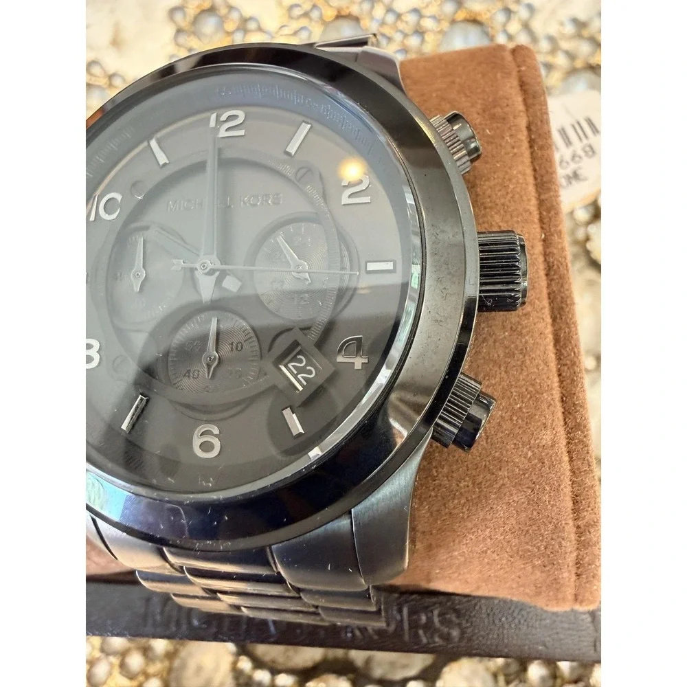 Michael Kors Runway Black Steel Chronograph Black Dial Mens Watch MK8157 w/ Box